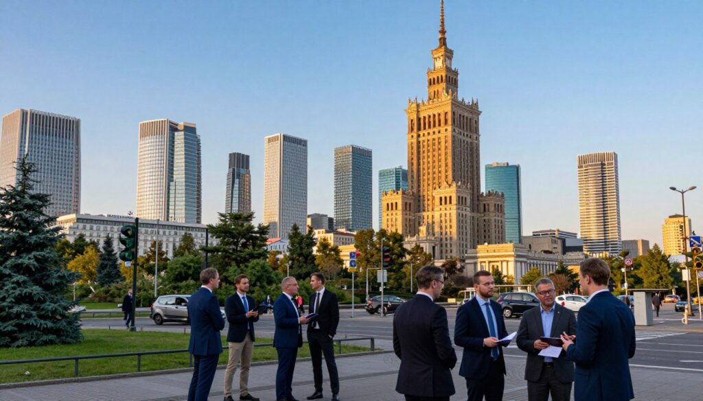 A vibrant cityscape of Warsaw, showcasing its iconic skyline featuring modern skyscrapers alongside historic architecture. In the foreground, a bustling street scene depicts professionals in business attire engaged in discussions, representing the dynamic legal environment. The middle ground features recognizable landmarks like the Palace of Culture and Science, framed by lush greenery, emphasizing the contrast between urban life and nature. In the background, a clear blue sky and soft sunset lighting create a warm atmosphere, enhancing the vibrancy of the city. The view is captured from a slightly elevated angle, providing depth and context to the scene, reflecting the economic vitality of Warsaw as a key location for legal professionals.