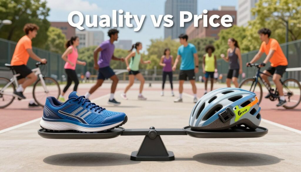 A vibrant composition illustrating the theme "Quality vs Price" focused on sports gear. In the foreground, a scale balances high-quality sports equipment, like running shoes and a bike helmet, on one side, while showcasing affordable price tags on the other side. In the middle ground, a diverse group of people in professional-looking athletic wear, engaging in various sports activities, symbolizes the accessibility of Crivit's offerings. The background features a dynamic urban sports scene, infused with lively colors under bright, natural lighting, evoking an energetic atmosphere. The angle is slightly elevated, providing a comprehensive view of the scene, capturing both quality and affordability in a harmonious balance.