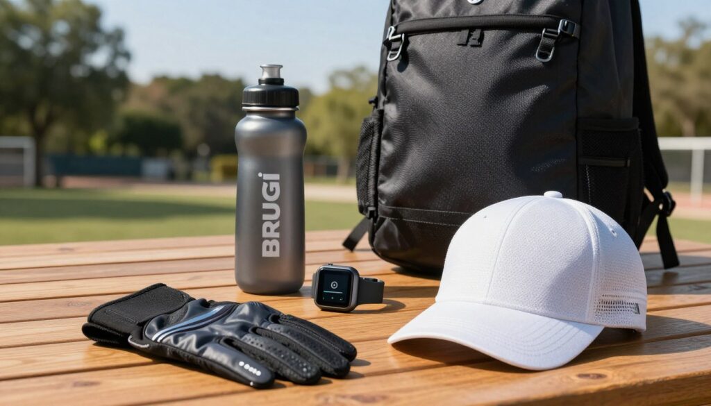 A vibrant display of various Brugi sports accessories arranged artfully on a wooden table. In the foreground, include a pair of sleek, ergonomically designed gloves and a lightweight, breathable cap, showcasing the brand's attention to detail and functionality. In the middle ground, feature a stylish sports water bottle with Brugi branding, alongside a compact fitness tracker and a high-performance backpack. The background should hint at an outdoor sports setting, with blurred trees under a bright, sunny sky, suggesting an active lifestyle. Use warm, natural lighting to evoke a sense of energy and positivity. The image should convey a professional yet inviting atmosphere, ideal for illustrating the essential accessories that complement Brugi's sporty apparel.