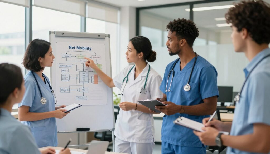 A vibrant office scene depicting a diverse group of professionals engaged in a discussion about mobility and delegation in the context of nursing careers. In the foreground, a female nurse in professional attire is enthusiastically pointing at a chart showing salary ranges, while a male nurse nods in agreement. In the middle ground, a whiteboard displays flowcharts and graphs on net mobility and leasing options, surrounded by colleagues taking notes. The background features a modern office setting with large windows letting in soft, natural light that creates a warm and inviting atmosphere. The overall mood is collaborative and focused, emphasizing the importance of planning for financial success in nursing. The composition should be dynamic, capturing the essence of teamwork and ambition. A vibrant office scene depicting a diverse group of professionals engaged in a discussion about mobility and delegation in the context of nursing careers. In the foreground, a female nurse in professional attire is enthusiastically pointing at a chart showing salary ranges, while a male nurse nods in agreement. In the middle ground, a whiteboard displays flowcharts and graphs on net mobility and leasing options, surrounded by colleagues taking notes. The background features a modern office setting with large windows letting in soft, natural light that creates a warm and inviting atmosphere. The overall mood is collaborative and focused, emphasizing the importance of planning for financial success in nursing. The composition should be dynamic, capturing the essence of teamwork and ambition.
