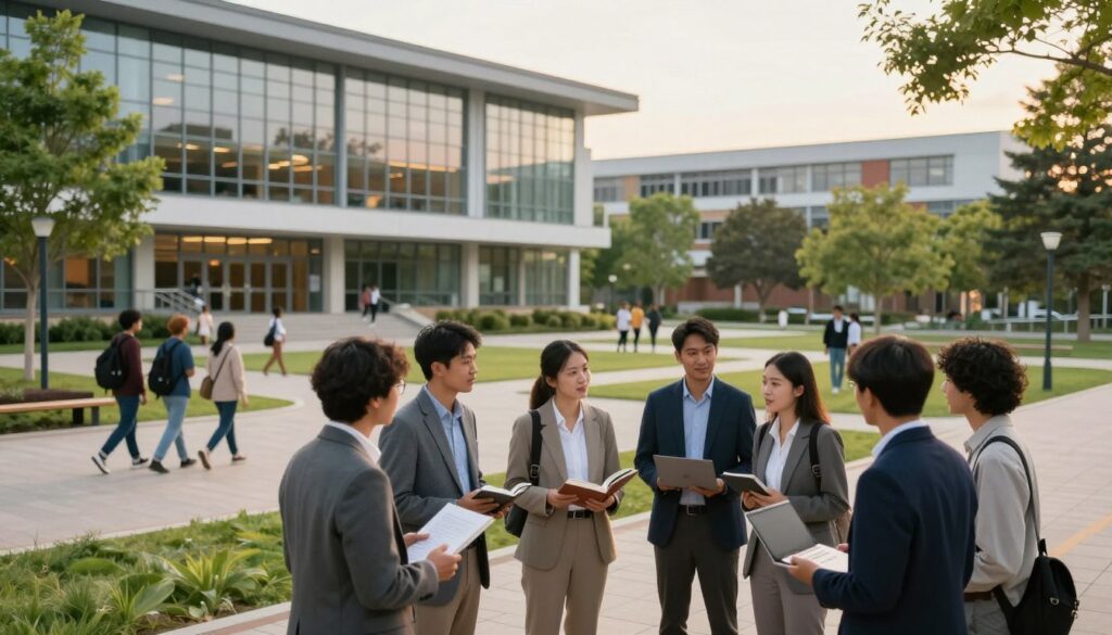 A vibrant scene depicting a public university campus. In the foreground, a diverse group of academics in professional attire engaged in discussion, holding books and laptops, symbolizing collaboration and knowledge sharing. The middle ground features a modern university building, characterized by large glass windows and contemporary architecture, with students walking between classes. In the background, lush green trees and pathways create a welcoming atmosphere. The lighting is warm and inviting, as if bathed in the soft glow of early evening. The angle is slightly elevated, providing a comprehensive view of the dynamic environment that reflects the balance between academic rigor and the autonomy of public institutions regarding salary structures. The overall mood is one of optimism and intellectual pursuit. A vibrant scene depicting a public university campus. In the foreground, a diverse group of academics in professional attire engaged in discussion, holding books and laptops, symbolizing collaboration and knowledge sharing. The middle ground features a modern university building, characterized by large glass windows and contemporary architecture, with students walking between classes. In the background, lush green trees and pathways create a welcoming atmosphere. The lighting is warm and inviting, as if bathed in the soft glow of early evening. The angle is slightly elevated, providing a comprehensive view of the dynamic environment that reflects the balance between academic rigor and the autonomy of public institutions regarding salary structures. The overall mood is one of optimism and intellectual pursuit.