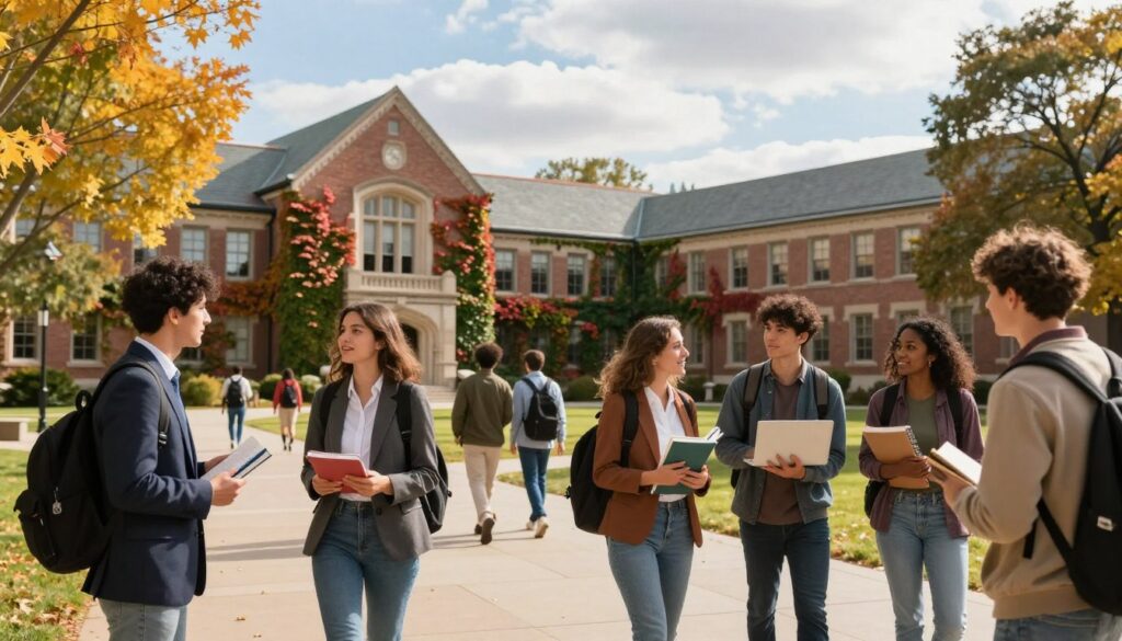 A vibrant university campus scene capturing the beginning of the first semester. In the foreground, a diverse group of students in professional attire and casual clothing are engaging in animated conversation, holding books and laptops. The middle ground features iconic academic buildings adorned with ivy, with students walking between them, carrying backpacks. Trees with golden leaves hint at autumn, bringing warmth to the setting. In the background, a bright sky with soft clouds creates an inviting atmosphere, illuminated by natural sunlight. The overall mood is one of anticipation and excitement, symbolizing adaptation to university life. Use a wide-angle lens to encompass the lively campus activity, with a focus on interaction and community spirit.