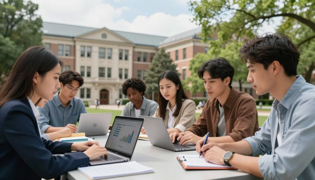 A vibrant university campus scene depicts a diverse group of adult students engaged in a discussion around a table outdoors. In the foreground, a woman in professional business attire leans over a laptop, pointing at a graph while a man in modest casual clothing takes notes. In the middle, a diverse group of students of different ethnicities are seated at tables, each with books and laptops, engaging in collaboration. The background features the iconic architecture of a university building with green trees and blue skies, creating a lively and academic atmosphere. Soft, natural lighting highlights their focused expressions, conveying the serious yet collaborative mood of distance learning. The scene is framed with a slightly wide-angle effect to capture the essence of study and engagement in a non-traditional learning environment.