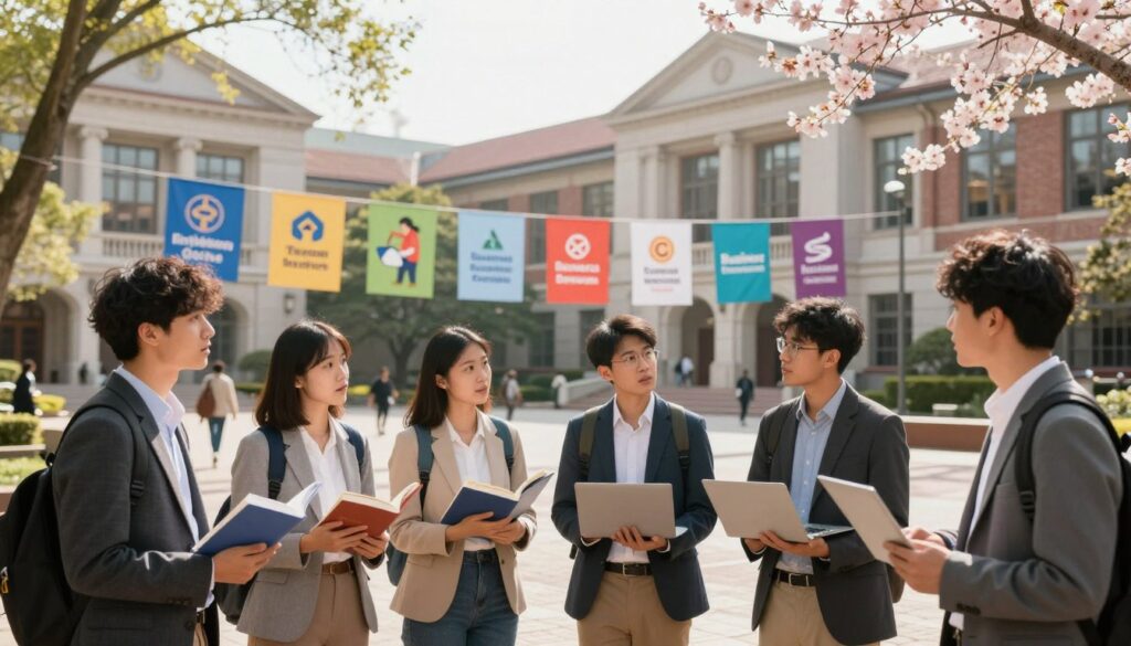 A vibrant university campus scene illustrating different academic paths and subjects. In the foreground, a diverse group of students in professional attire are engaged in discussion, holding books and laptops, with expressions of curiosity and determination. In the middle, colorful banners and signs displaying various study fields like engineering, art, and business hang across a bustling courtyard. The background features impressive university buildings with classic architecture, framed by trees in full bloom, suggesting a lively and inspiring atmosphere. Soft, natural lighting enhances the scene, with morning sunlight casting gentle shadows. Capture a sense of aspiration and academic pursuit, evoking a feeling of excitement and possibility for future studies.