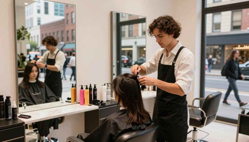 A vibrant urban street scene featuring a modern hair salon on a bustling city block. In the foreground, a well-dressed hairstylist in professional attire is seen carefully styling a client's hair, showcasing skill and expertise. The middle ground captures the salon’s stylish interior, with sleek furniture, mirrors reflecting natural light, and colorful hair products neatly arranged. The background includes a busy cityscape, with tall buildings and lively pedestrians, illustrating the contrast between a large city's energy and the charm of a smaller town. The lighting is bright and inviting, with warm tones enhancing the welcoming atmosphere. The image conveys a professional yet dynamic mood, emphasizing the importance of location in a hairdresser's earning potential.