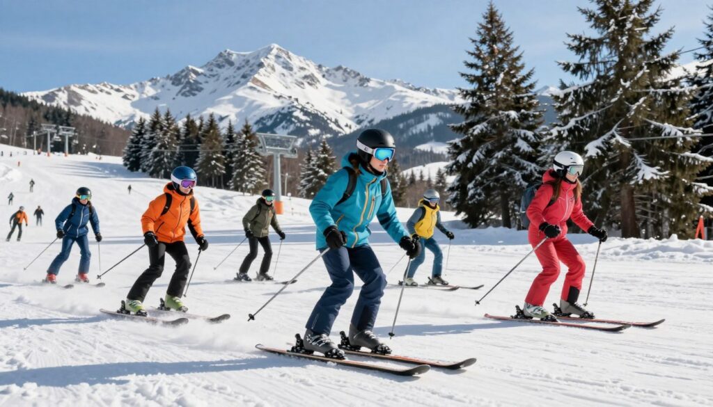 A vibrant winter landscape at a ski resort, featuring a group of diverse individuals dressed in stylish Brugi ski apparel. In the foreground, showcase a male and female skier wearing colorful, modern ski jackets and pants, equipped with helmets and ski goggles, demonstrating action as they traverse a snow-covered slope. In the middle ground, display snow-covered pine trees and ski lifts, while a picturesque mountain range rises in the background under a clear blue sky. Soft, natural sunlight illuminates the scene, creating a bright and energetic atmosphere. Capture the thrill of winter sports and the appeal of high-quality outdoor clothing, emphasizing movement and excitement as the skiers enjoy a fun day on the mountain.