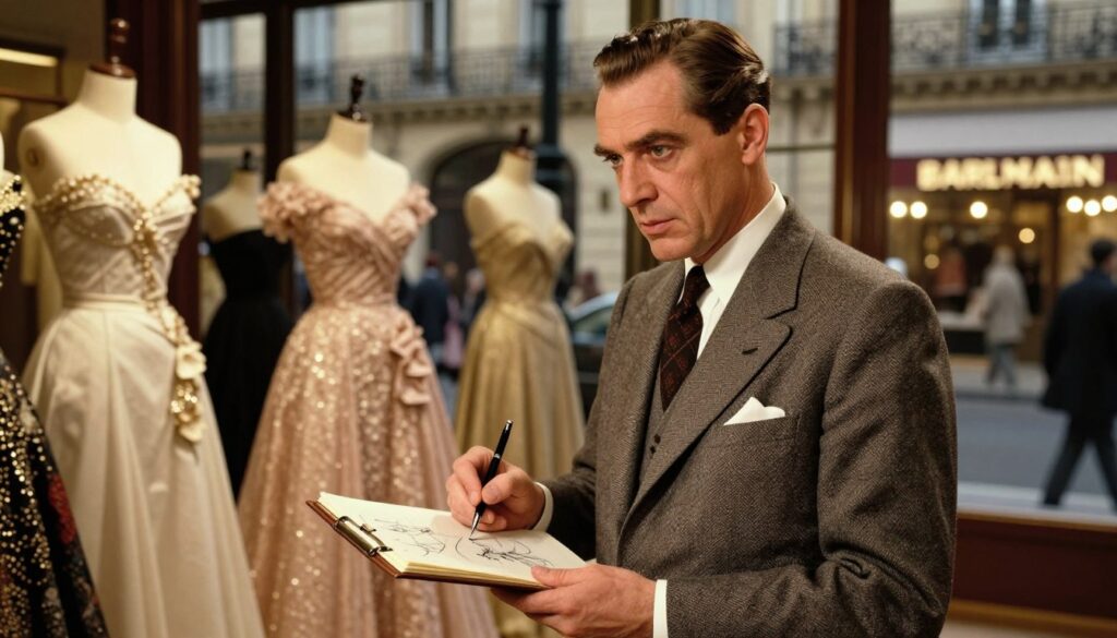 A vintage-inspired portrait of Pierre Balmain, showcasing him in a tailored 1940s suit, exuding elegance and sophistication. The foreground features Balmain standing confidently, his expression thoughtful yet determined, as he sketches fashion designs on a notepad. In the middle ground, a luxurious Parisian boutique surrounds him, displaying glamorous gowns and haute couture pieces from the 1945 collection, highlighting intricate fabrics and meticulous craftsmanship. The background reveals a softly lit Parisian street through large windows, creating a nostalgic ambiance, with twinkling lights reflecting a vibrant yet historic atmosphere. The lighting is warm and inviting, emphasizing the textures of the clothing and the charm of the era. The composition should evoke a sense of artistry and the rich history of the Balmain brand.