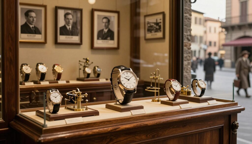A vintage scene depicting the atmosphere of 1939, showcasing a classic Italian watch shop with elegant displays of Breil watches. In the foreground, a polished wooden counter features a beautifully designed Breil watch under soft, warm lighting. The middle ground consists of a quaint shop filled with framed black-and-white photos of the brand's historical milestones, alongside intricate watch mechanisms on display. The background reveals a charming street view of a bustling Italian city, with period-appropriate architecture and pedestrians in stylish 1930s attire, all bathed in the golden glow of late afternoon. The overall mood is nostalgic, reflecting a sense of sophistication and craftsmanship associated with the era, highlighting the roots of the Breil brand.