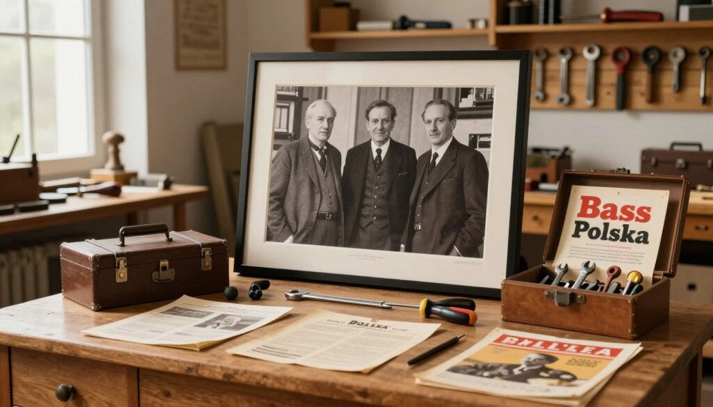 A vintage-style workspace showcasing the history of Bass Polska, a company known for its tools and equipment. In the foreground, an elegantly arranged wooden desk with old tool catalogs, a classic toolbox, and a vintage Bass Polska advertisement. The middle ground features a large framed black-and-white photo of the company’s founders, surrounded by essential tools like wrenches and screwdrivers, symbolizing craftsmanship and tradition. The background presents a softly lit workshop environment with shelves displaying various tools in warm wood tones, highlighting the brand's legacy. The mood is nostalgic yet professional, with natural light filtering through a window, casting gentle shadows and creating an inviting atmosphere. A warm color palette encapsulates the essence of a long-standing brand in the Polish market.