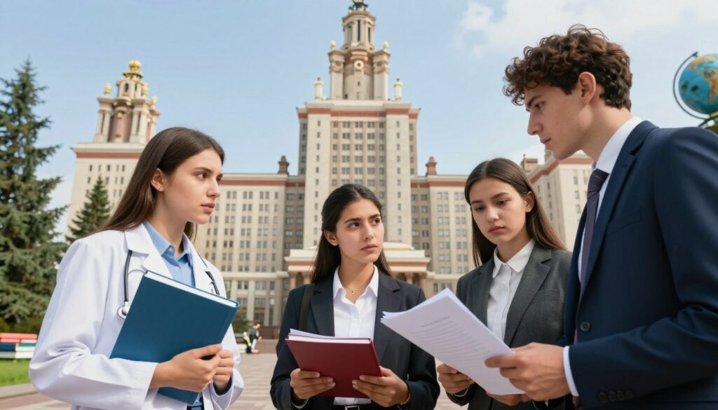 A visual representation of the most expensive study programs in Poland, featuring a dynamic composition. In the foreground, three students of diverse ethnic backgrounds are engaged in a serious discussion, dressed in professional business attire, holding books and papers related to their specific fields of study, like medicine, law, and engineering. In the middle ground, an elegant university building with modern architecture, symbolizing prestigious institutions, looms under a clear blue sky. The background includes lush greenery and academic symbols like globes and books, indicating a scholarly environment. Soft, natural lighting highlights the scene, creating an atmosphere of ambition and dedication to education. The perspective is slightly low-angle, emphasizing the grandeur of the university setting, while focusing on the students' determined expressions.