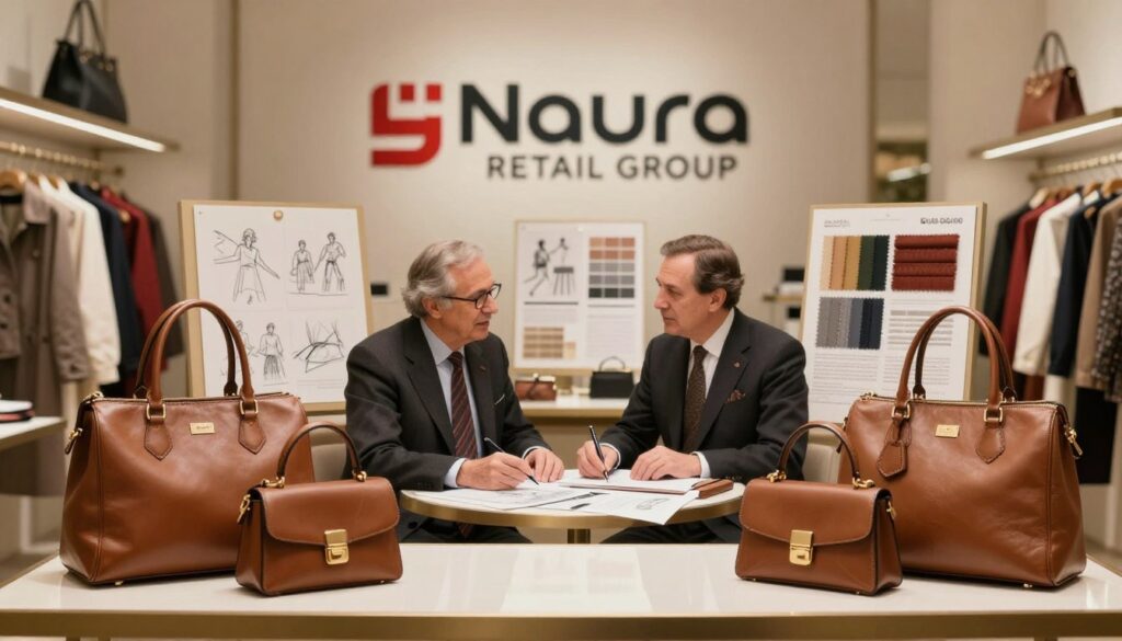 A visually captivating historical collage showcasing the evolution of Bulaggi as a brand in the fashion accessories industry. The foreground features elegant leather handbags and stylish accessories displayed on a polished table, reflecting high-quality craftsmanship. In the middle ground, include images of key figures, such as the founders in professional business attire, engaged in discussions about design, surrounded by sketches and fabric samples. The background displays an artistic representation of the Naura Retail Group's logo, blending into a soft focus of a fashionable boutique setting that evokes a sense of growth and innovation. Utilize warm, inviting lighting to create a nostalgic yet modern atmosphere, with a shallow depth of field to emphasize the handbags and the figures, suggesting a legacy of quality and style.