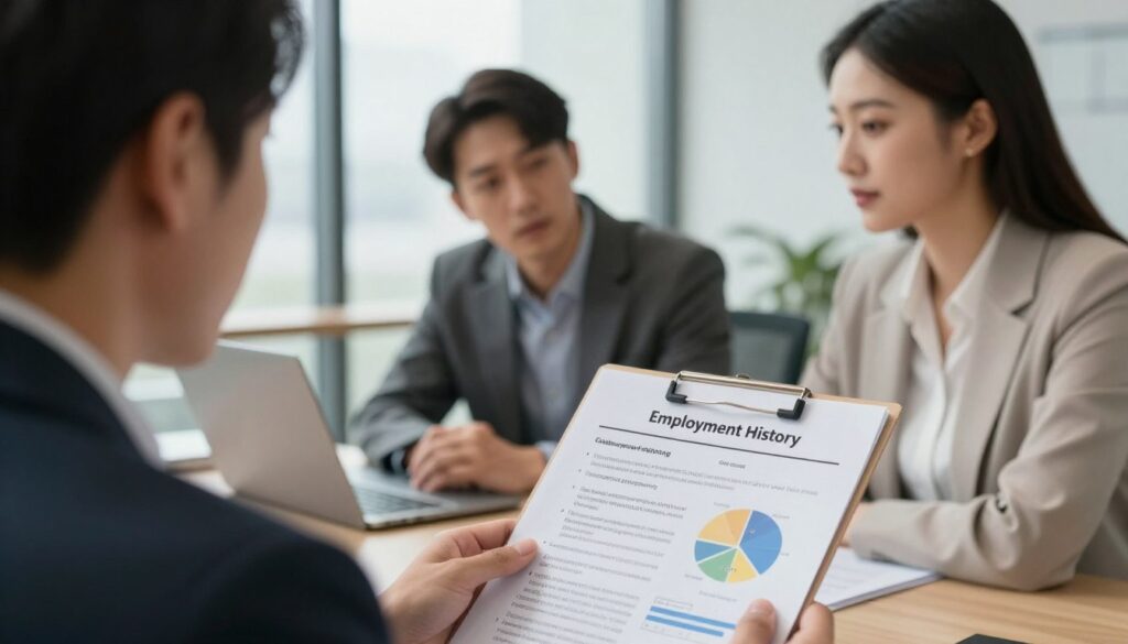A visually engaging and professional office setting, showcasing a man and a woman in smart business attire discussing a document titled "Employment History". The foreground features a close-up of the document, with clearly visible sections about calculating employment duration, highlighted figures, and illustrative charts symbolizing breaks in employment. In the middle ground, the individuals are actively engaged in conversation, with expressions reflecting focus and determination. The background reveals a sleek corporate environment with a large window, allowing soft, natural light to illuminate the space, creating a warm and inviting atmosphere. The camera angle is slightly elevated, adding depth and emphasizing the importance of the discussion. The overall mood is one of professionalism and collaboration. A visually engaging and professional office setting, showcasing a man and a woman in smart business attire discussing a document titled "Employment History". The foreground features a close-up of the document, with clearly visible sections about calculating employment duration, highlighted figures, and illustrative charts symbolizing breaks in employment. In the middle ground, the individuals are actively engaged in conversation, with expressions reflecting focus and determination. The background reveals a sleek corporate environment with a large window, allowing soft, natural light to illuminate the space, creating a warm and inviting atmosphere. The camera angle is slightly elevated, adding depth and emphasizing the importance of the discussion. The overall mood is one of professionalism and collaboration.