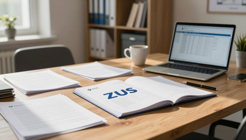 A visually engaging office workspace featuring a large wooden desk in the foreground scattered with important documents and files. In the center, a partially open folder displays a prominent "ZUS" logo, signifying the social security institution. Surrounding the desk, include a laptop displaying a spreadsheet and a coffee mug with professional-looking stationery nearby. The background should feature a well-organized bookshelf filled with binders and official documents under warm, natural daylight streaming through a window, casting soft shadows. The atmosphere is one of focus and productivity, emphasizing the importance of proper document management. Aim for a slight depth of field effect, keeping the desk in sharp focus while softly blurring the background, to draw attention to the intricacies of the documentation.