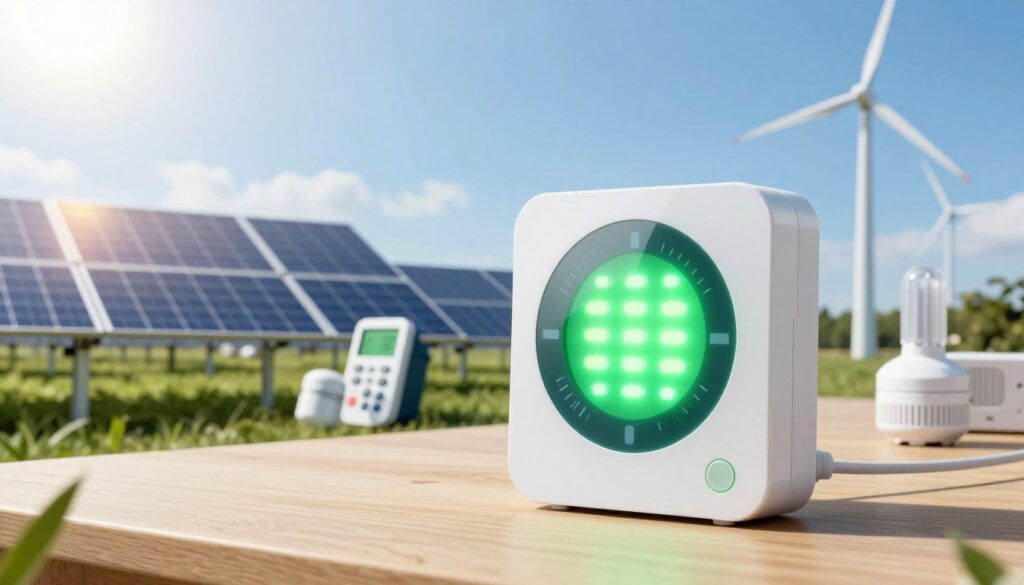 A visually striking image representing energy savings through innovative technology. In the foreground, a sleek, modern energy-efficient device, such as a smart thermostat or LED light, glows with a soft, eco-friendly green light. The middle-ground features an array of modern tools and equipment from Bass Polska, showcasing innovative designs that prioritize sustainability. In the background, a serene landscape includes solar panels absorbing sunlight and wind turbines gently spinning, against a clear blue sky, symbolizing renewable energy. The lighting is bright and hopeful, creating an atmosphere of optimism and progress. The scene is captured from a slightly elevated angle, emphasizing the harmony between technology and nature, with a focus on cleanliness and simplicity.