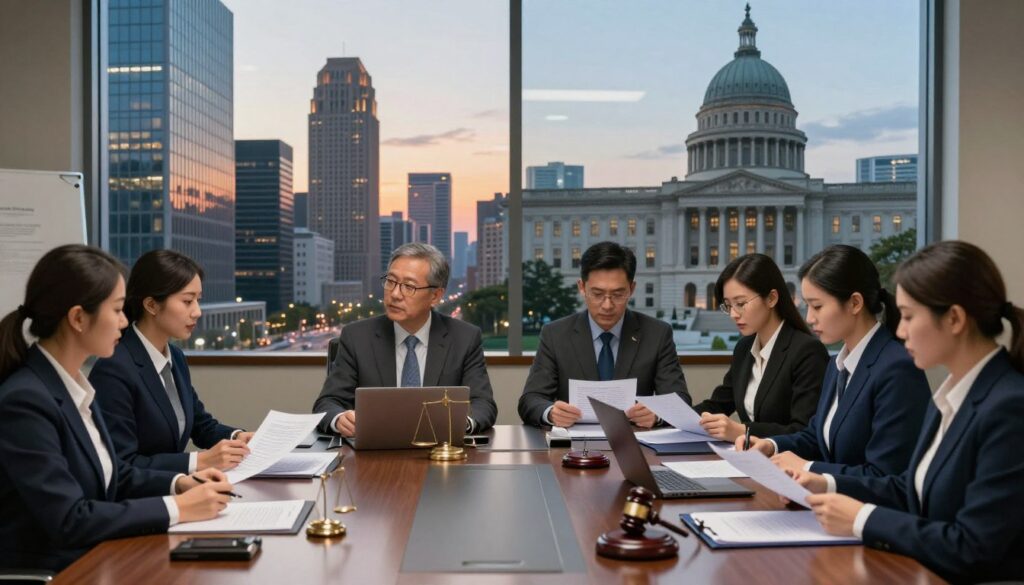 A visually striking split-scene image illustrating the contrast between the private and public sectors in a professional work environment. In the foreground, two groups of professionals are depicted. On the left, a diverse group of lawyers in sharp business suits engaged in a dynamic discussion around a modern conference table, symbolizing the private sector. On the right, a group of public sector lawyers in professional attire, focused on reviewing legal documents in a government office setting. In the middle ground, a visual divider shows contrasting elements: sleek urban buildings representing corporate offices on the left and classic government architecture on the right. The background features a city skyline at dusk, with warm lighting illuminating the private sector side and cooler tones on the public sector side. The atmosphere conveys professionalism, ambition, and the complexity of career choices in law.