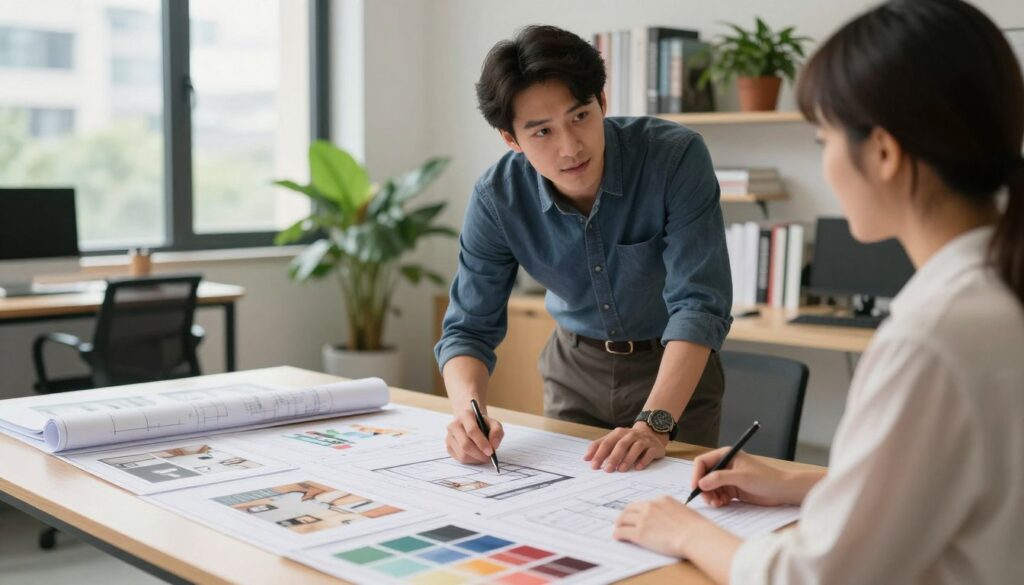 A well-dressed interior architect in a modern office setting, discussing design plans with a client. The foreground shows a large table filled with blueprints, color swatches, and 3D models of various interior spaces. The middle ground features shelves displaying design books and potted plants, adding a touch of greenery. In the background, large windows let in natural light, illuminating the space and revealing an urban landscape outside. The mood is professional and creative, with a focus on collaboration and innovation. Shot with a soft focus lens to enhance the warmth and inviting atmosphere, capturing the essence of interior design specialization.