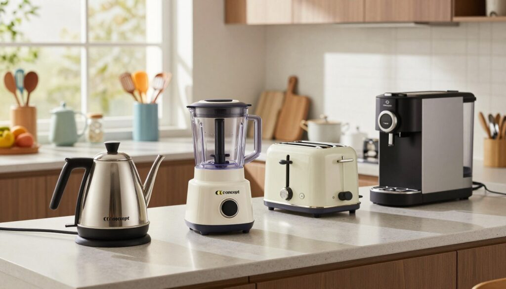 A well-lit, modern kitchen scene showcasing a range of Concept brand products. In the foreground, a sleek electric kettle, a stylish food processor, and a versatile hand blender are elegantly arranged on a polished countertop. The middle ground features a color-matching toaster and a compact coffee machine, both designed with a contemporary aesthetic. In the background, a vibrant array of kitchen utensils and small appliances from the Concept line create an inviting atmosphere. Soft, natural daylight filters through a window, casting gentle shadows and highlighting the products' sleek designs. The overall mood is sophisticated yet approachable, capturing the essence of innovative kitchen solutions that resonate with Polish consumers.