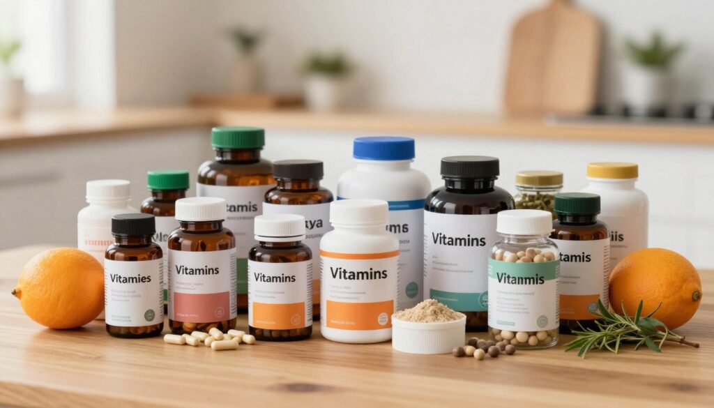 A well-organized display of various dietary supplements arranged aesthetically on a wooden table. In the foreground, focus on a variety of supplement bottles, capsules, and powder containers, including vitamins, minerals, and herbal extracts, all labeled clearly and attractively. In the middle ground, include a few natural ingredients such as fruits, nuts, and herbs to emphasize health and wellness. The background can feature soft, warm lighting that creates a cozy and inviting atmosphere, simulating a health-focused home environment. Use a shallow depth of field to blur the background slightly, drawing attention to the supplements while maintaining a clean and professional look. Aim for a bright, positive mood that reflects vitality and well-being.