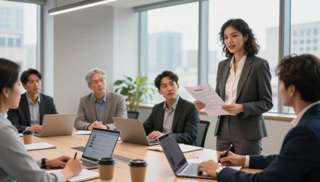 An elegant office space showcasing a diverse group of professionals, engaged in a collaborative discussion about work experience and its impact. In the foreground, a woman in a tailored suit is presenting her resume, highlighting specific achievements with enthusiasm. Beside her, a well-dressed man is taking notes, actively listening. The middle ground features a round conference table with laptops, notebooks, and coffee cups, suggesting a productive atmosphere. In the background, large windows allow natural light to flood the room, revealing a city skyline, which symbolizes opportunity and growth. The overall mood is dynamic and focused, with soft, warm lighting to enhance a sense of professionalism and collaboration. The composition captures the essence of impactful work experience in career development.