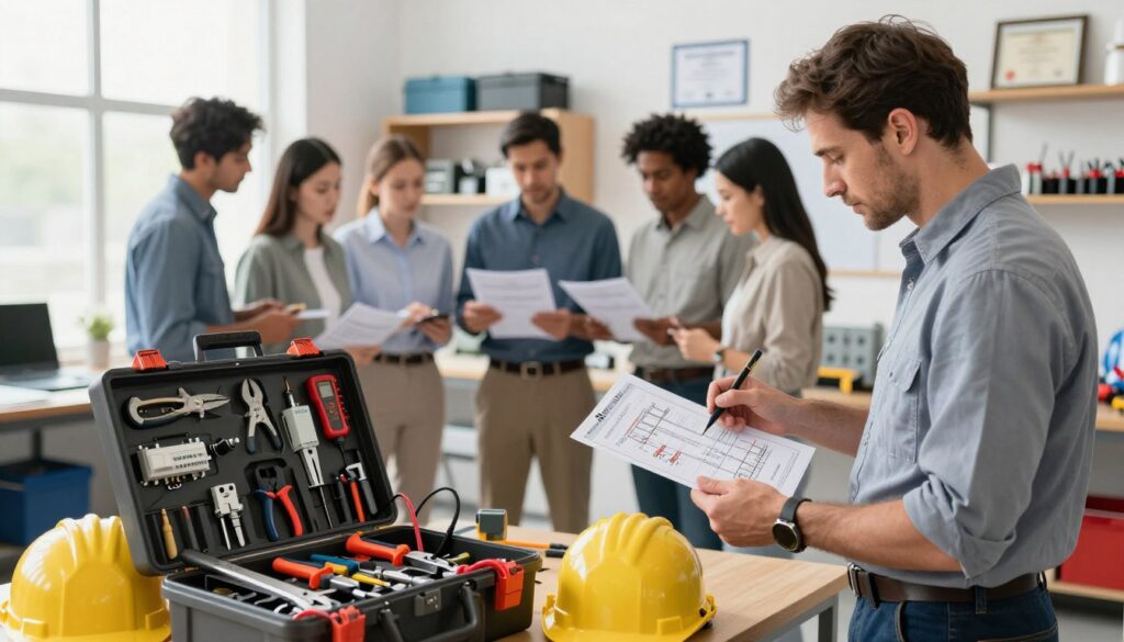 An experienced electrician conducting a hands-on training session, showcasing various qualifications and tools essential for the profession. In the foreground, prominently display a well-organized toolkit filled with tools like wire strippers, voltage testers, and safety gear. In the middle ground, depict a diverse group of electricians, dressed in professional business attire, engaged in a learning environment, reviewing electrical diagrams and certification materials. The background shows a bright workshop with shelves of equipment and certificates on the walls, symbolizing knowledge and expertise. Natural lighting streams through large windows, creating an inviting atmosphere that encourages learning and growth. The composition captures the essence of professionalism and the importance of qualifications in enhancing an electrician's earning potential.