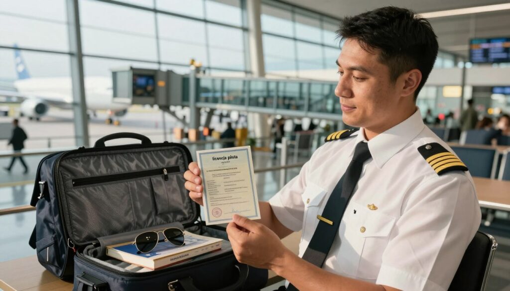 An informative scene depicting an aviation professional holding a "licencja pilota" (pilot license) in a modern airport setting. In the foreground, show a focused, well-dressed male pilot in a crisp uniform, proudly displaying his license. The middle ground features an open flight bag with aviation books and a pair of aviator sunglasses. In the background, capture a busy airport terminal with boarding gates, and airplanes visible through large windows. Emphasize natural lighting filtering through, casting a warm glow on the scene, creating an atmosphere of ambition and professionalism. The angle is slightly tilted upward, showcasing both the pilot's expression and the bustling environment, symbolizing the journey of becoming a pilot.