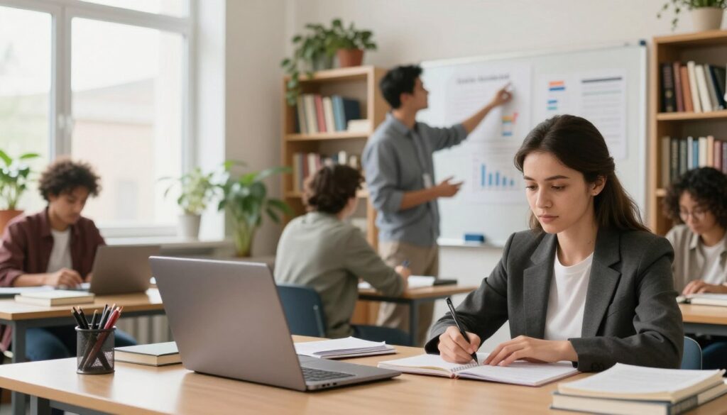 An inviting study environment showcasing a diverse group of adult learners in a university setting. In the foreground, a focused woman in professional business attire sits at a desk with a laptop open, surrounded by books and notes, symbolizing self-directed study. In the middle ground, two men engage in a discussion, gesturing towards a whiteboard displaying charts and graphs, illustrating collaborative learning. Soft natural light streams through large windows, creating an atmosphere of inspiration and flexibility. In the background, shelves filled with books and plants add a warm, academic vibe. The angle is slightly low, emphasizing the learners' engagement and the dynamic of non-traditional education, reflecting the essence of “studia niestacjonarne”. An inviting study environment showcasing a diverse group of adult learners in a university setting. In the foreground, a focused woman in professional business attire sits at a desk with a laptop open, surrounded by books and notes, symbolizing self-directed study. In the middle ground, two men engage in a discussion, gesturing towards a whiteboard displaying charts and graphs, illustrating collaborative learning. Soft natural light streams through large windows, creating an atmosphere of inspiration and flexibility. In the background, shelves filled with books and plants add a warm, academic vibe. The angle is slightly low, emphasizing the learners' engagement and the dynamic of non-traditional education, reflecting the essence of “studia niestacjonarne”.