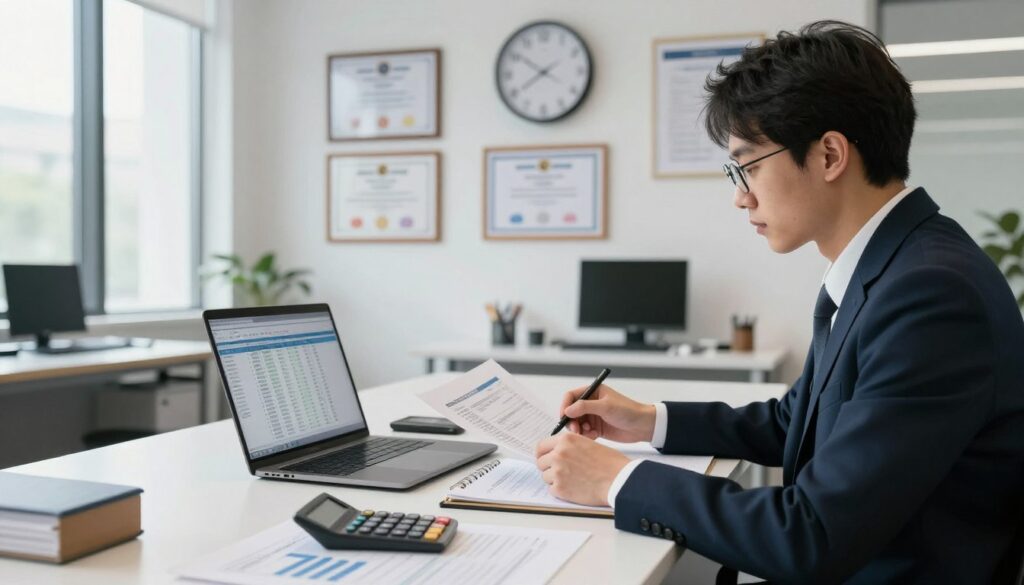 An office environment featuring a neatly arranged desk with financial documents, a laptop displaying spreadsheets, and a calculator. In the foreground, a focused accountant in professional business attire analyzes data, with glasses on and a notepad beside them. The middle layer showcases a wall with framed certificates and a clock to indicate the importance of time management in accounting. In the background, large windows let in natural light, highlighting the modern office ambiance. The mood is professional and diligent, emphasizing the responsibility and dedication of accountants. Soft, balanced lighting enhances the clarity of the scene, creating a sense of order and professionalism. An office environment featuring a neatly arranged desk with financial documents, a laptop displaying spreadsheets, and a calculator. In the foreground, a focused accountant in professional business attire analyzes data, with glasses on and a notepad beside them. The middle layer showcases a wall with framed certificates and a clock to indicate the importance of time management in accounting. In the background, large windows let in natural light, highlighting the modern office ambiance. The mood is professional and diligent, emphasizing the responsibility and dedication of accountants. Soft, balanced lighting enhances the clarity of the scene, creating a sense of order and professionalism.
