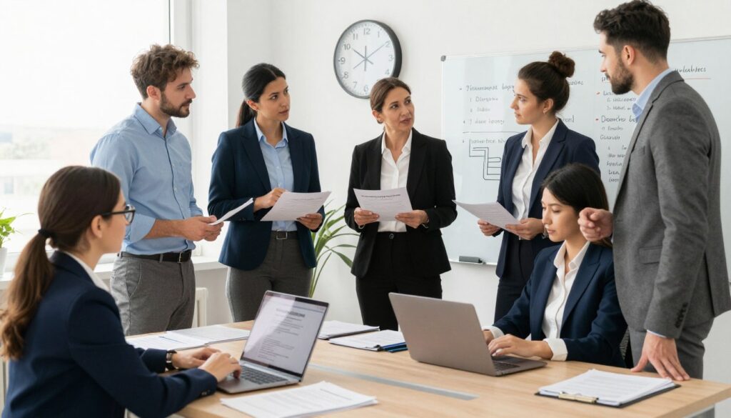 An office scene depicting a diverse group of professionals in business attire, engaged in a discussion about the timelines and waiting periods for obtaining certificates from ZUS. In the foreground, a woman with glasses sits at a desk, consulting a laptop, with documents spread out in front of her. The middle layer shows a men and women standing, holding paperwork and discussing with focused expressions. The background features a large wall clock emphasizing the concept of time, alongside a whiteboard with bullet points and diagrams about deadlines and procedures. The lighting is bright and inviting, creating a professional atmosphere, captured with a wide-angle perspective to convey the busy environment.