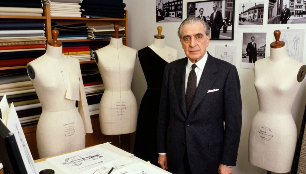 Cristóbal Balenciaga, a renowned fashion designer, stands in a stylish studio filled with sketches and luxurious fabrics. In the foreground, he is dressed in a classic tailored suit with a crisp white shirt and elegant tie, showcasing his fashionable essence. In the middle, you can see a variety of iconic designs draped on mannequins, highlighting his innovative cuts and shapes. The background features shelves adorned with fabric swatches and historic photographs of his birthplace in Getaria, Spain, adding a sense of heritage. Soft, diffused lighting illuminates the scene, creating a warm and inspiring atmosphere, while a slight angle from above captures the meticulous nature of Balenciaga's work, evoking a mood of creativity and legacy in the luxury fashion world. Cristóbal Balenciaga, a renowned fashion designer, stands in a stylish studio filled with sketches and luxurious fabrics. In the foreground, he is dressed in a classic tailored suit with a crisp white shirt and elegant tie, showcasing his fashionable essence. In the middle, you can see a variety of iconic designs draped on mannequins, highlighting his innovative cuts and shapes. The background features shelves adorned with fabric swatches and historic photographs of his birthplace in Getaria, Spain, adding a sense of heritage. Soft, diffused lighting illuminates the scene, creating a warm and inspiring atmosphere, while a slight angle from above captures the meticulous nature of Balenciaga's work, evoking a mood of creativity and legacy in the luxury fashion world.