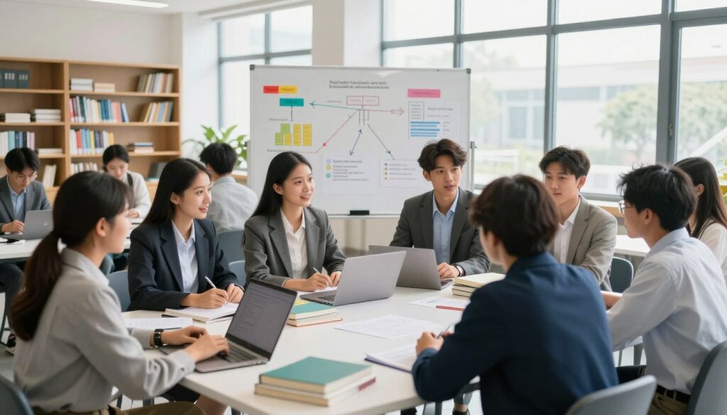 In a bright, modern university classroom setting, diverse students of varying ethnicities and genders are engaged in lively discussions about popular fields of study. In the foreground, a group of students, dressed in professional business attire, is gathered around a table filled with textbooks and laptops, deep in conversation. In the middle ground, a whiteboard displays colorful charts and diagrams illustrating different educational disciplines, symbolizing their potential career paths. The background reveals shelves filled with books and educational materials, with natural sunlight streaming through large windows, creating an uplifting atmosphere. The scene conveys a sense of motivation and curiosity, suggesting a vibrant exploration of academic possibilities, captured with a wide-angle lens to emphasize the dynamic learning environment.