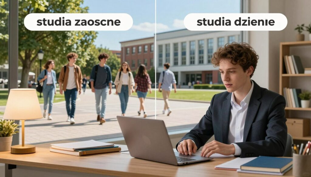 In a visually appealing split scene, depict two contrasting educational environments representing "studia zaoczne" (remote studies) and "studia dzienne" (full-time studies). In the foreground, show a cozy home office with a desk, laptop, and study materials, illuminated by warm, soft lighting, symbolizing online learning. Capture a person in professional business attire, engaged in a video call, focused and motivated. In the middle ground, illustrate a bustling university campus with students in modest casual clothing, walking and conversing, surrounded by trees and modern architecture, under bright, natural daylight. In the background, integrate a clear blue sky to convey a sense of openness and possibility, highlighting the differences in study environments. The mood should be inspiring, emphasizing the flexibility of remote studies versus the traditional campus experience. In a visually appealing split scene, depict two contrasting educational environments representing "studia zaoczne" (remote studies) and "studia dzienne" (full-time studies). In the foreground, show a cozy home office with a desk, laptop, and study materials, illuminated by warm, soft lighting, symbolizing online learning. Capture a person in professional business attire, engaged in a video call, focused and motivated. In the middle ground, illustrate a bustling university campus with students in modest casual clothing, walking and conversing, surrounded by trees and modern architecture, under bright, natural daylight. In the background, integrate a clear blue sky to convey a sense of openness and possibility, highlighting the differences in study environments. The mood should be inspiring, emphasizing the flexibility of remote studies versus the traditional campus experience.