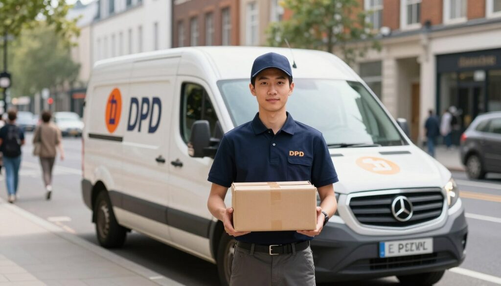 A DPD courier standing confidently in front of a delivery van, dressed in a smart, professional uniform, showcasing the essence of their daily work. In the foreground, the courier is holding a package, with a clipboard in the other hand. The middle ground features the delivery van prominently, with DPD branding, parked on a busy urban street. The background shows a bustling cityscape, with people going about their day, trees lining the street, and buildings in various architectural styles. Soft, natural sunlight illuminates the scene, creating a bright and inviting atmosphere. The image conveys a sense of professionalism and efficiency, reflecting the dynamic nature of the courier's job.