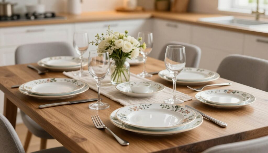 A beautifully arranged dining setup featuring elegant "naczynia obiadowe" (dinnerware) that showcases fine craftsmanship and modern design. In the foreground, a set of ornate plates adorned with delicate floral patterns, complemented by polished cutlery and glassware reflecting soft, natural light. The middle section includes a plush, wooden dining table decorated with a tasteful table runner and a centerpiece of seasonal flowers. In the background, there is a softly blurred, well-lit kitchen, emphasizing a warm and inviting atmosphere. The lighting is warm and diffuse, creating a cozy and elegant dining experience. Capture this scene from a slight overhead angle, emphasizing the table settings and the sumptuous dinnerware while ensuring a harmonious balance between style and functionality.