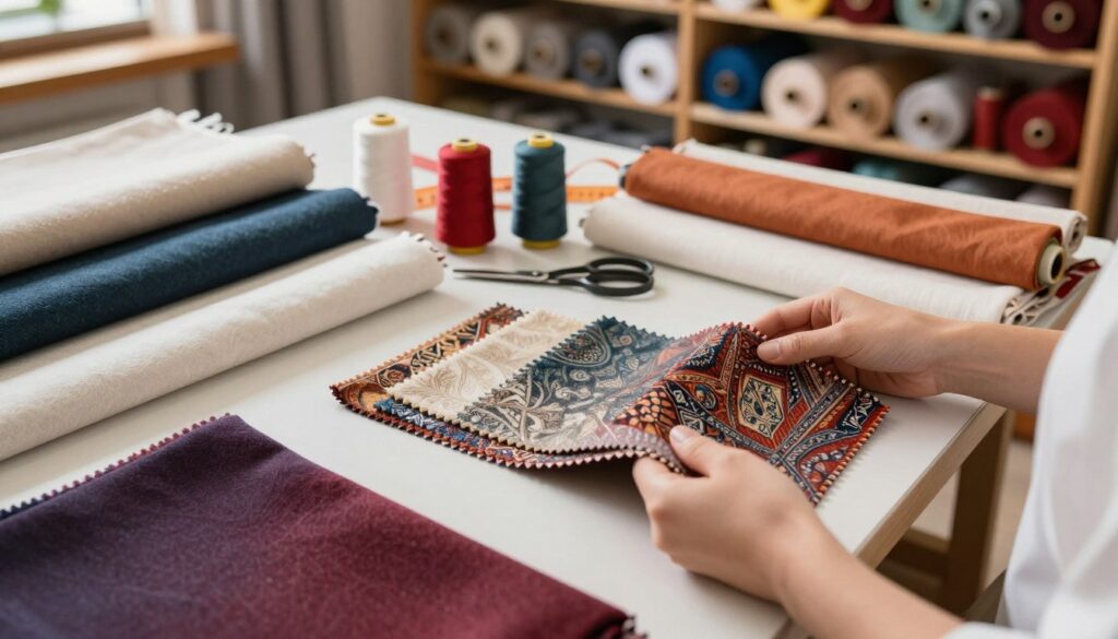A beautifully arranged display of high-quality fabrics in a workshop setting, showcasing a variety of textures such as soft wool, sleek silk, and durable cotton. In the foreground, a close-up of hands selecting fabric swatches with an emphasis on their rich colors and intricate patterns. The middle layer features a table cluttered with sewing tools: scissors, threads, and a measuring tape, highlighting craftsmanship. In the background, softly blurred shelves filled with neatly organized rolls of fabric bathed in warm, natural light. The mood is inviting and creative, evoking a sense of dedication to quality materials. The shot is taken from a slight overhead angle to capture the entire scene while maintaining focus on the vibrant details of the fabrics. A beautifully arranged display of high-quality fabrics in a workshop setting, showcasing a variety of textures such as soft wool, sleek silk, and durable cotton. In the foreground, a close-up of hands selecting fabric swatches with an emphasis on their rich colors and intricate patterns. The middle layer features a table cluttered with sewing tools: scissors, threads, and a measuring tape, highlighting craftsmanship. In the background, softly blurred shelves filled with neatly organized rolls of fabric bathed in warm, natural light. The mood is inviting and creative, evoking a sense of dedication to quality materials. The shot is taken from a slight overhead angle to capture the entire scene while maintaining focus on the vibrant details of the fabrics.