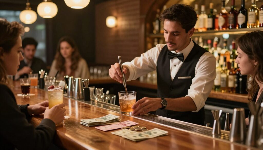 A bustling bar scene showcasing a bartender wearing a smart, professional outfit, skillfully mixing drinks behind a polished wooden bar. In the foreground, an elegantly arranged collection of tips, including cash notes and coins, is displayed prominently atop the bar counter, reflecting the potential income from gratuities. The middle ground features patrons enjoying their drinks, creating a lively atmosphere, while the background hints at shelves lined with various liquor bottles, illuminated by warm, ambient lighting. Soft focus on the bartender's earnest expression as they engage with customers, capturing the hustle and camaraderie of the bar environment. The image conveys a sense of professionalism and the importance of tips in building a bartender's monthly income, bathed in inviting golden hour lighting for a warm feel.