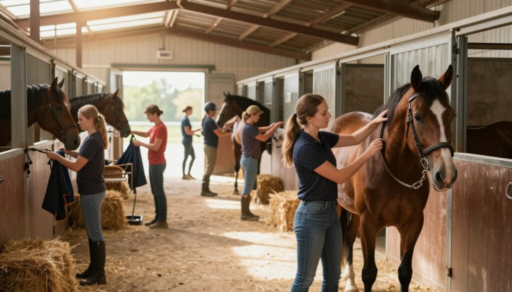 A bustling horse stable scene depicting a typical workday. In the foreground, a professional horse trainer in smart casual attire gently grooming a chestnut horse, showcasing their bond. In the middle ground, other staff members are attending to various tasks—feeding horses, cleaning stalls, and preparing riding gear. The background features a rustic barn with hay bales stacked neatly and sunlight streaming through open doors, casting warm illumination over the scene. The overall atmosphere is energetic yet serene, highlighting a harmonious connection with nature and animals. The composition should be vibrant and detailed, capturing the essence of a daily routine in a horse stable, with a lens effect that creates depth and perspective, emphasizing the lively interaction among the people and horses.