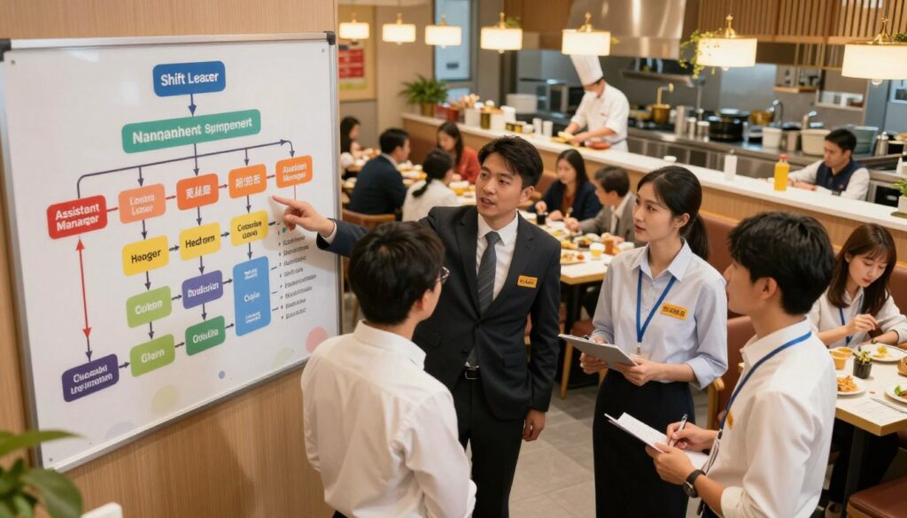 A bustling restaurant interior showcasing a clear promotional pathway for employees' advancement. In the foreground, several staff members in professional business attire engage in discussion; one is pointing at a chart indicating levels of progression. The middle ground features a bulletin board with colorful infographics detailing various management positions, such as shift leader and assistant manager, with arrows and titles displayed prominently. In the background, a vibrant dining area filled with customers and a chef at the kitchen pass, illustrating a dynamic and teamwork-focused restaurant environment. Warm, inviting lighting radiates throughout the scene, creating a sense of optimism and growth, captured from a slightly elevated angle to emphasize the interconnectedness of the staff and management structure.