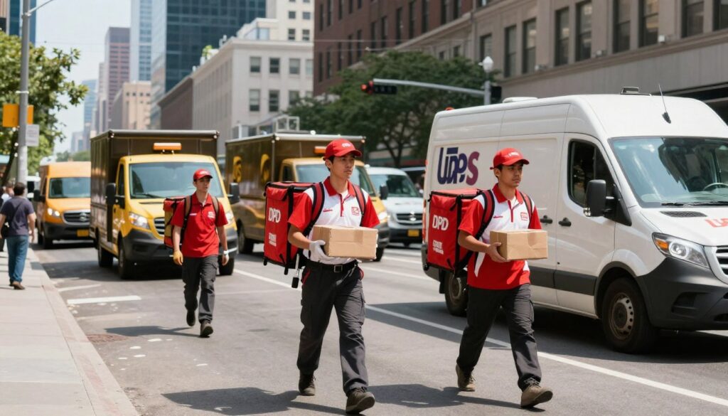 A bustling urban scene depicting DPD couriers in the foreground, expertly navigating the city streets with distinctive red and white uniforms, delivering packages. In the middle, several other logistics companies’ vehicles, such as couriers from UPS and FedEx, can be seen in contrasting colors and designs, showcasing the competitive nature of the industry. The background features a sunny city skyline with modern buildings, creating an atmosphere of productivity and efficiency. The image is captured from a slightly low angle to emphasize the action and movement of the couriers. Lighting is bright and natural, casting dynamic shadows, evoking a sense of urgency and professionalism in the logistics field. The overall mood is vibrant and energetic, reflecting the fast-paced world of courier services.