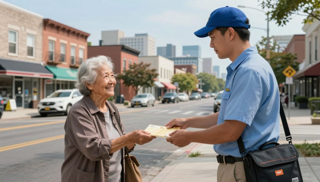 A bustling urban street scene showcasing a postal worker delivering mail, emphasizing the varied work environments affecting salary. In the foreground, the postal worker, dressed in a professional uniform with a satchel, hands a letter to a friendly elderly resident. In the middle ground, a diverse neighborhood with small shops and apartment buildings showcases different localities, hinting at variations in earnings. The background features a city skyline under a clear blue sky, enhancing the urban feel. Soft, natural lighting enriches the scene, providing a warm atmosphere. A low-angle perspective highlights the importance of community interactions, capturing the essence of the postal service's value in different locations.