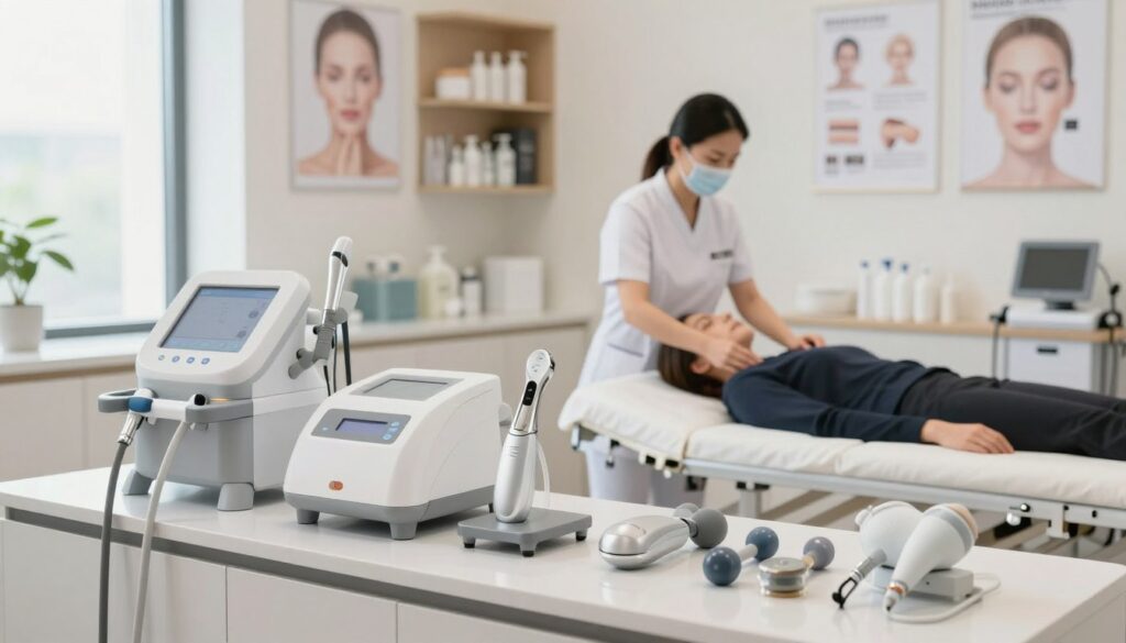 A clean, modern medical clinic setting showcasing a variety of advanced cosmetology and sports medicine instruments. In the foreground, a well-organized array of professional tools such as dermal pens, ultrasound machines, and therapeutic massage devices, neatly displayed on a sleek countertop. In the middle ground, a practitioner dressed in professional attire is gently interacting with a patient, demonstrating a supportive and caring atmosphere. The background features a softly lit, sterile environment with shelves holding medical supplies and informative posters about skin care and rehabilitation. Natural light filters in from large windows, enhancing the clean and welcoming ambiance, creating a sense of professionalism, trust, and innovation. A clean, modern medical clinic setting showcasing a variety of advanced cosmetology and sports medicine instruments. In the foreground, a well-organized array of professional tools such as dermal pens, ultrasound machines, and therapeutic massage devices, neatly displayed on a sleek countertop. In the middle ground, a practitioner dressed in professional attire is gently interacting with a patient, demonstrating a supportive and caring atmosphere. The background features a softly lit, sterile environment with shelves holding medical supplies and informative posters about skin care and rehabilitation. Natural light filters in from large windows, enhancing the clean and welcoming ambiance, creating a sense of professionalism, trust, and innovation.
