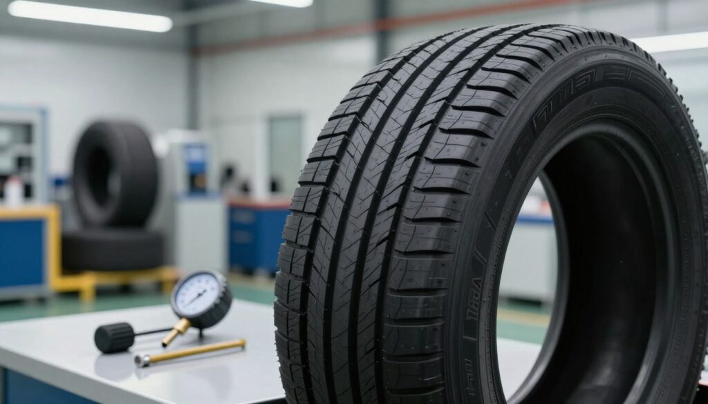 A close-up image of a high-performance Firemax tire, showcasing its intricate tread patterns and durable rubber texture. The tire should be placed prominently in the foreground on a clean workshop surface. In the middle ground, include tools like a tire pressure gauge and a tire changing machine, indicating the manufacturing process. The background should feature a well-lit tire manufacturing facility, with soft, diffused lighting that highlights the quality and craftsmanship of the tires. The atmosphere should convey a sense of innovation and reliability, emphasizing Firemax's commitment to producing durable, high-quality tires. Use a shallow depth of field to keep the focus on the tire while softly blurring the background elements. A close-up image of a high-performance Firemax tire, showcasing its intricate tread patterns and durable rubber texture. The tire should be placed prominently in the foreground on a clean workshop surface. In the middle ground, include tools like a tire pressure gauge and a tire changing machine, indicating the manufacturing process. The background should feature a well-lit tire manufacturing facility, with soft, diffused lighting that highlights the quality and craftsmanship of the tires. The atmosphere should convey a sense of innovation and reliability, emphasizing Firemax's commitment to producing durable, high-quality tires. Use a shallow depth of field to keep the focus on the tire while softly blurring the background elements.