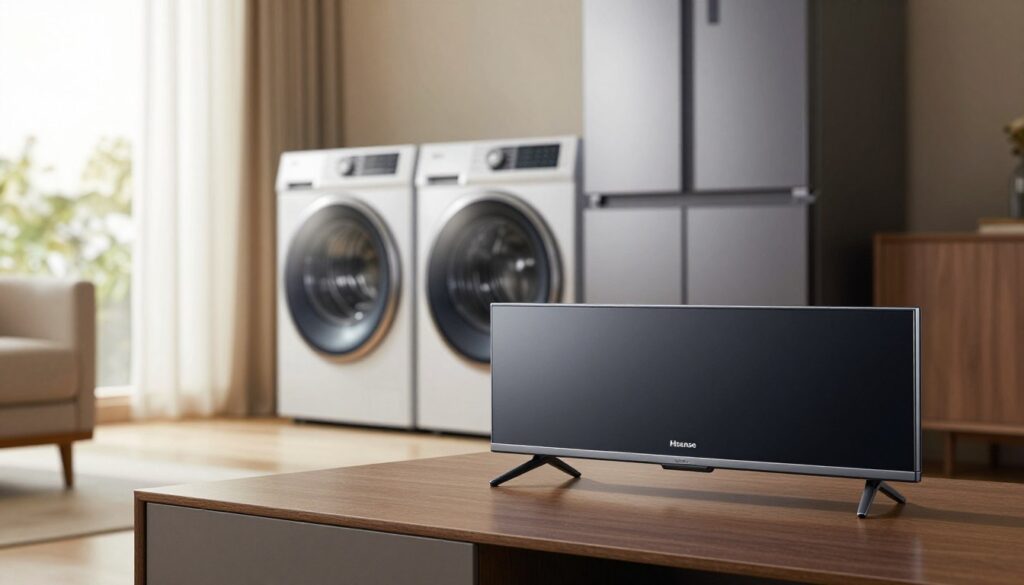 A close-up view of a high-quality Hisense television and home appliance showcasing their craftsmanship. In the foreground, emphasize the sleek design of the TV with its ultra-thin bezels and polished finish, reflecting ambient light to highlight its modern features. In the middle ground, place various household appliances like a washing machine and refrigerator, each bearing well-visible quality seals and safety certifications, emphasizing their reliability and design excellence. The background features a soft-focus living room setting, bathed in warm, natural light coming from a stylish window. The overall mood is sophisticated and inviting, conveying a sense of trust and quality typical of Hisense products. A close-up view of a high-quality Hisense television and home appliance showcasing their craftsmanship. In the foreground, emphasize the sleek design of the TV with its ultra-thin bezels and polished finish, reflecting ambient light to highlight its modern features. In the middle ground, place various household appliances like a washing machine and refrigerator, each bearing well-visible quality seals and safety certifications, emphasizing their reliability and design excellence. The background features a soft-focus living room setting, bathed in warm, natural light coming from a stylish window. The overall mood is sophisticated and inviting, conveying a sense of trust and quality typical of Hisense products.