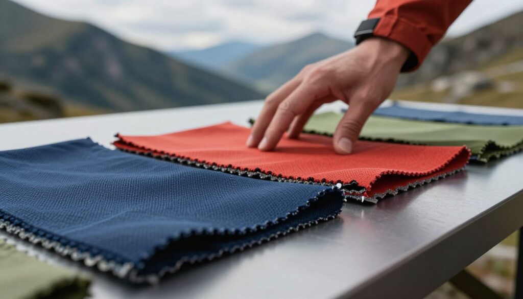 A close-up view of advanced outdoor fabric technology, featuring layers of Helly Tech materials displayed on a sleek, modern surface. The foreground includes various samples of waterproof, breathable textiles, each showcasing intricate textures and colors—deep navy blues, vibrant reds, and earthy greens. In the middle ground, a hand reaches out to touch the fabric, symbolizing innovation and user experience. The background features a blurred landscape of rugged mountains and a cloudy sky, giving a sense of adventure and the great outdoors. Soft, natural lighting highlights the materials, creating a dynamic feel, while a shallow depth of field draws focus to the fabric samples, evoking a sense of exploration and high performance.