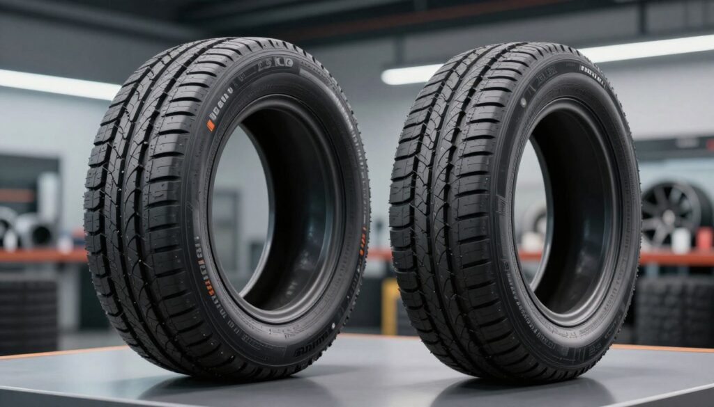 A close-up view of high-performance Firemax tires, displayed prominently in the foreground on a sleek, reflective surface. The tires showcase intricate tread patterns and branding details, emphasizing their innovative design and durability. In the middle ground, a comparison section features an identical Zeetex tire, demonstrating contrasting tread styles and features for direct visual comparison. The background is a blurred automotive workshop environment, hinting at professional expertise with soft, ambient lighting highlighting the tires' textures and contours. The atmosphere is serious yet dynamic, capturing the essence of tire performance and technology without distractions. This image should have a shallow depth of field, shot from a low angle to accentuate the tires and create a sense of importance. A close-up view of high-performance Firemax tires, displayed prominently in the foreground on a sleek, reflective surface. The tires showcase intricate tread patterns and branding details, emphasizing their innovative design and durability. In the middle ground, a comparison section features an identical Zeetex tire, demonstrating contrasting tread styles and features for direct visual comparison. The background is a blurred automotive workshop environment, hinting at professional expertise with soft, ambient lighting highlighting the tires' textures and contours. The atmosphere is serious yet dynamic, capturing the essence of tire performance and technology without distractions. This image should have a shallow depth of field, shot from a low angle to accentuate the tires and create a sense of importance.