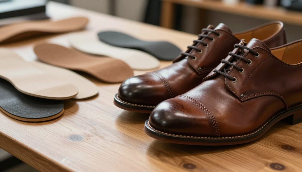 A close-up view of high-quality materials used in shoe manufacturing, showcasing richly textured leather, sturdy stitching, and elegant details such as eyelets and insoles. The foreground features a pair of stylish, modern shoes placed on a wooden table, highlighting their craftsmanship. In the middle ground, a set of various materials like suede, canvas, and rubber are artfully arranged to emphasize variety and quality. The background hints at a well-lit workshop environment, with soft, diffused lighting that casts gentle shadows, creating a warm and inviting atmosphere. The lens should focus closely on the shoes, capturing intricate details, while a slight bokeh effect softens the background, directing attention to the craftsmanship and quality. A close-up view of high-quality materials used in shoe manufacturing, showcasing richly textured leather, sturdy stitching, and elegant details such as eyelets and insoles. The foreground features a pair of stylish, modern shoes placed on a wooden table, highlighting their craftsmanship. In the middle ground, a set of various materials like suede, canvas, and rubber are artfully arranged to emphasize variety and quality. The background hints at a well-lit workshop environment, with soft, diffused lighting that casts gentle shadows, creating a warm and inviting atmosphere. The lens should focus closely on the shoes, capturing intricate details, while a slight bokeh effect softens the background, directing attention to the craftsmanship and quality.
