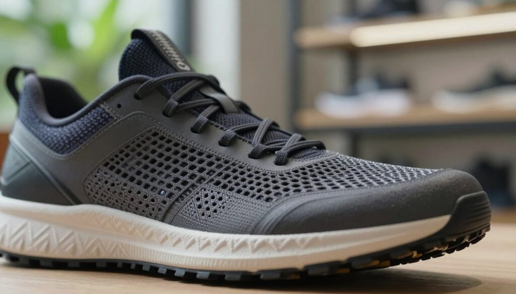 A close-up view of innovative breathable cushioning from a high-quality shoe, showcasing intricate textures and details. The foreground features a segment of the shoe’s sole, emphasizing the unique materials that enhance comfort. Soft, natural lighting illuminates the shoe, highlighting its craftsmanship and breathable design. In the middle ground, there is a subtle blur of greenery hinting at an outdoor environment, suggesting comfort in an active setting. The background is softly blurred with hints of a modern workshop, reflecting a blend of technology and quality craftsmanship. The overall mood exudes sophistication and innovation, making the viewer feel the advanced technology and comfort that the shoe provides. A close-up view of innovative breathable cushioning from a high-quality shoe, showcasing intricate textures and details. The foreground features a segment of the shoe’s sole, emphasizing the unique materials that enhance comfort. Soft, natural lighting illuminates the shoe, highlighting its craftsmanship and breathable design. In the middle ground, there is a subtle blur of greenery hinting at an outdoor environment, suggesting comfort in an active setting. The background is softly blurred with hints of a modern workshop, reflecting a blend of technology and quality craftsmanship. The overall mood exudes sophistication and innovation, making the viewer feel the advanced technology and comfort that the shoe provides.