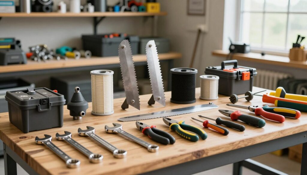 A collection of high-quality garden service tools and replacement parts displayed on a wooden workbench in a professional workshop setting. In the foreground, neatly organized hand tools like wrenches, pliers, and screwdrivers are in focus, glimmering under bright, overhead LED lights. In the middle, a variety of garden machine components, such as blades and filters, are arranged next to a toolbox, showcasing their detailed textures and finishes. The background features shelves stocked with parts and equipment, with soft natural light coming through a nearby window adding warmth to the atmosphere. The mood is industrious yet organized, emphasizing professionalism and reliability in garden equipment service and parts accessibility. A collection of high-quality garden service tools and replacement parts displayed on a wooden workbench in a professional workshop setting. In the foreground, neatly organized hand tools like wrenches, pliers, and screwdrivers are in focus, glimmering under bright, overhead LED lights. In the middle, a variety of garden machine components, such as blades and filters, are arranged next to a toolbox, showcasing their detailed textures and finishes. The background features shelves stocked with parts and equipment, with soft natural light coming through a nearby window adding warmth to the atmosphere. The mood is industrious yet organized, emphasizing professionalism and reliability in garden equipment service and parts accessibility.