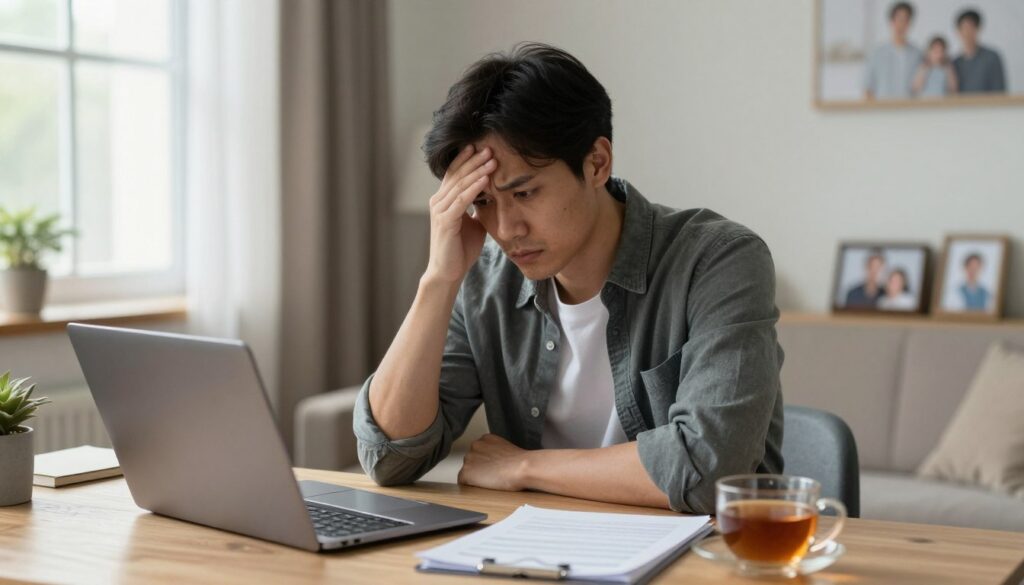 A concerned individual sitting alone in a modest, comfortable home office setting, dressed in smart casual attire. The person has a worried expression, reflecting feelings of anxiety and uncertainty about their recent job loss and health issues. On the desk, a laptop is open, alongside medical documents and a cup of tea, creating a personal atmosphere. Soft, natural light filters through a nearby window, casting gentle shadows that enhance the mood of contemplation. In the background, family photos hint at a supportive environment, emphasizing the importance of seeking assistance from employment services in times of difficulty. The overall tone is serious yet hopeful, capturing the struggle and resilience in facing unemployment due to health challenges.