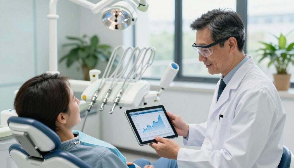 A confident, professional dentist examining a patient's dental records in a modern dental office. The foreground features the dentist, a middle-aged Caucasian man, wearing a white coat and protective eyewear, focused on a digital tablet displaying graphs of salary trends. In the middle, a dental chair with state-of-the-art equipment suggests a high-end practice, while dental tools are neatly arranged nearby. In the background, large windows let in natural light, illuminating the clean, inviting space filled with plants and muted colors, enhancing a professional atmosphere. The image conveys a sense of achievement and the impact of experience on salary, embodying a hopeful and optimistic tone, highlighting the professional journey of a dentist.