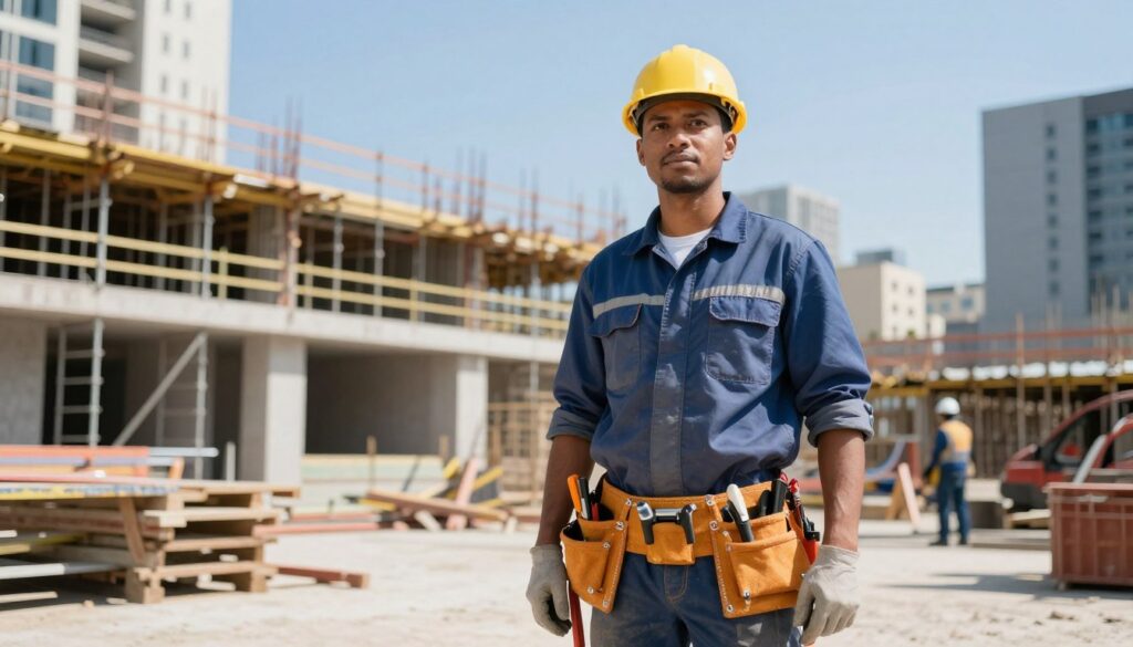 A construction helper, dressed in professional work attire, stands confidently on a bustling construction site. In the foreground, the helper, a young adult of ambiguous ethnicity, is holding a tool belt filled with essential tools, showcasing a look of determination and focus. The middle ground features a partially constructed building, with scaffolding and various construction materials scattered around. The background presents a bright blue sky, framed by city buildings to convey an active urban environment. Soft, natural daylight illuminates the scene, casting gentle shadows. Capture the mood of industriousness and teamwork, highlighting the differences in roles on-site, particularly between a helper and a specialist. Ensure clarity and vibrancy in the image, focusing on the helper’s professionalism and dedication in their work. A construction helper, dressed in professional work attire, stands confidently on a bustling construction site. In the foreground, the helper, a young adult of ambiguous ethnicity, is holding a tool belt filled with essential tools, showcasing a look of determination and focus. The middle ground features a partially constructed building, with scaffolding and various construction materials scattered around. The background presents a bright blue sky, framed by city buildings to convey an active urban environment. Soft, natural daylight illuminates the scene, casting gentle shadows. Capture the mood of industriousness and teamwork, highlighting the differences in roles on-site, particularly between a helper and a specialist. Ensure clarity and vibrancy in the image, focusing on the helper’s professionalism and dedication in their work.